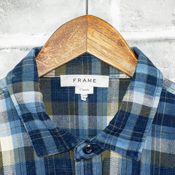 FRAME Denim Men's Flannel Shirt Blue Plaid cotton 2 pocket Medium - Picture 3 of 6
